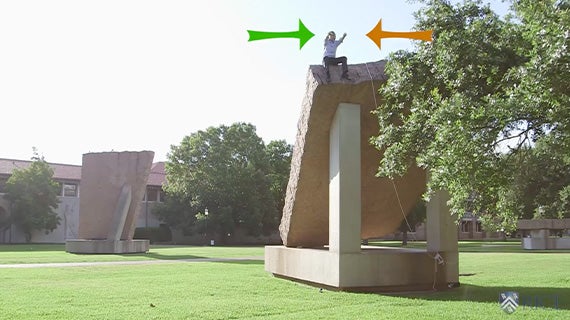 Image of professor Jason Hafner sitting on top of a statue.