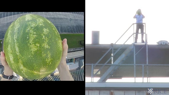 Image of professor Jason Hafner testing the drop of a watermelon.