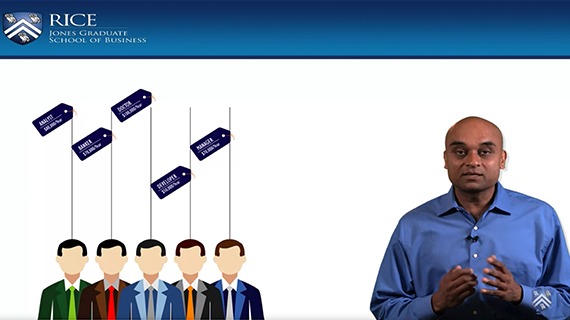 Show thumbnail preview
A man in a blue shirt speaks in front of a graphic with five illustrated people and text labels on poles that read Doesnt Meet Expectations, Meets Expectations, Exceeds Expectations, etc. The Rice University logo is visible at the top.