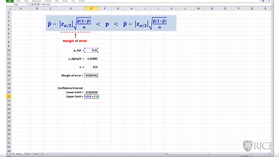 Spreadsheet showing a calculation for a confidence interval. The formula and margin of error are displayed, with values including p-hat (0.51), Z-alpha/2 (1.95996), and the confidence intervals lower (0.4692) and upper limits (0.5508). Rice University logo visible.