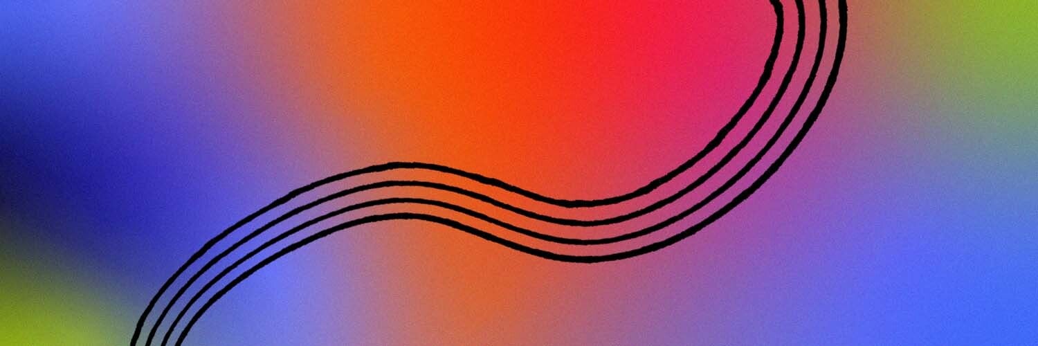 An abstract composition showcasing a dynamic curved line surrounded by a spectrum of colors.