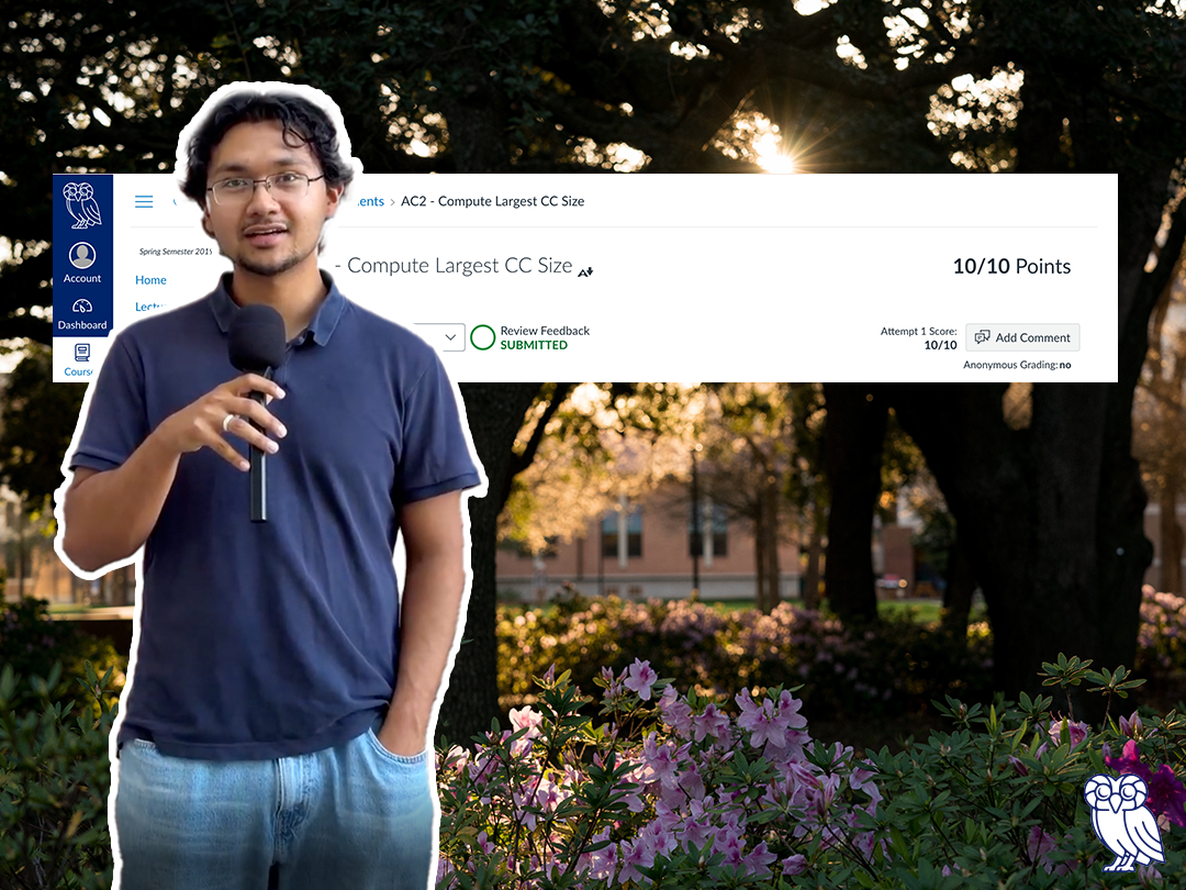 Two people with microphones stand in front of trees, likely participating in a discussion or recording an event.
