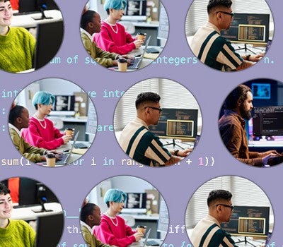 A collage depicting individuals engaged in various tasks on computers, showcasing diverse work environments and activities.